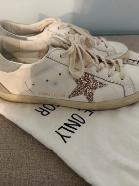 Golden Goose White Leather Sneakers with Pink Glitter Star Accent